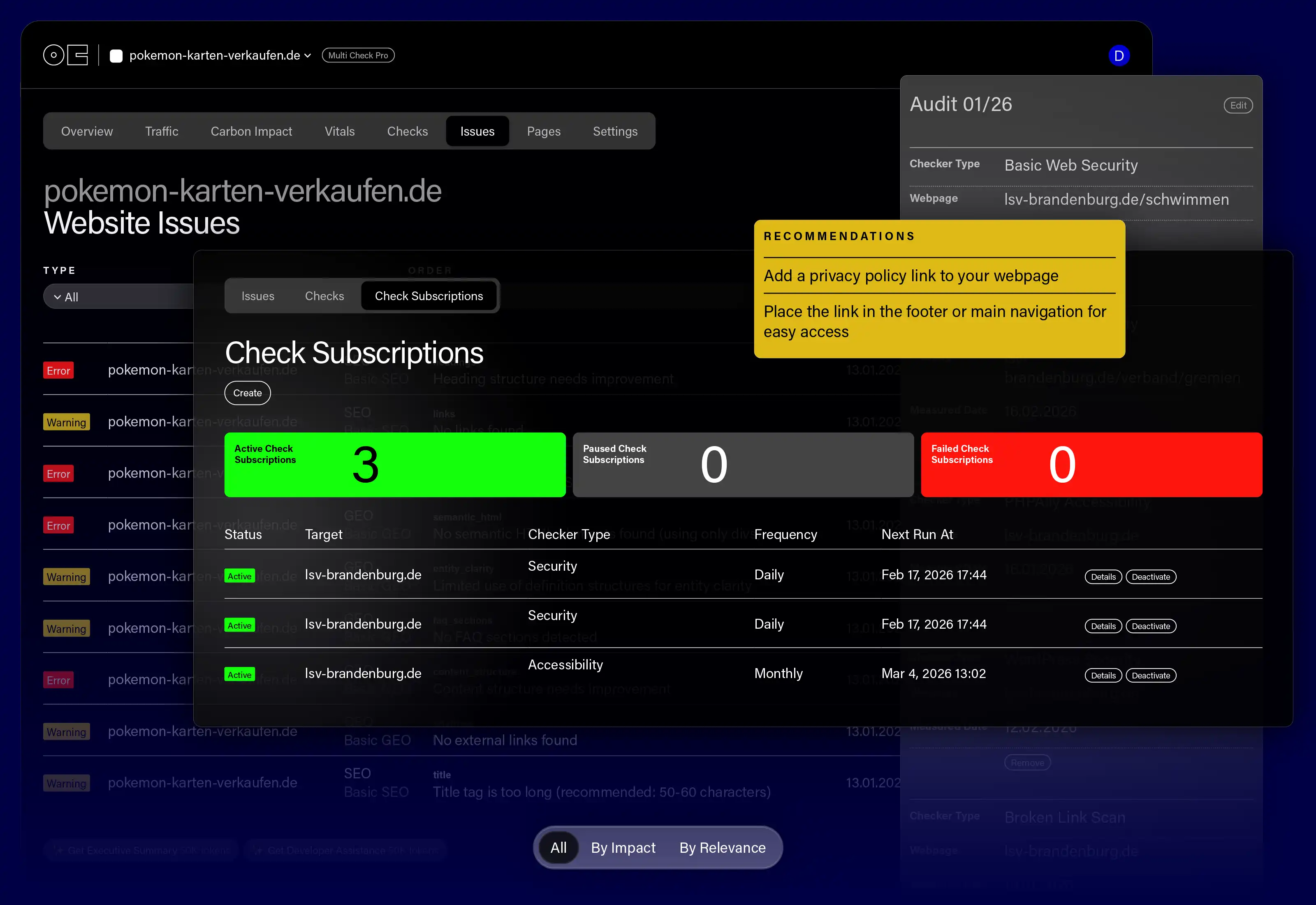 Prelumen Analytics issues view with audit recommendations and check subscriptions.